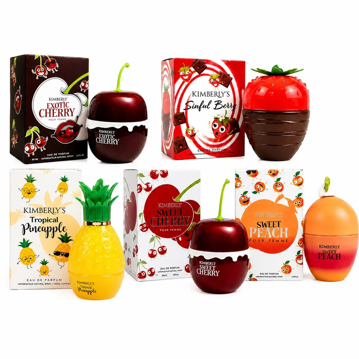 Kimberly Fruity Perfume Set for Women - Exotic & Sweet Cherry, Sweet Peach, Tropical Pineapple 5 Pc