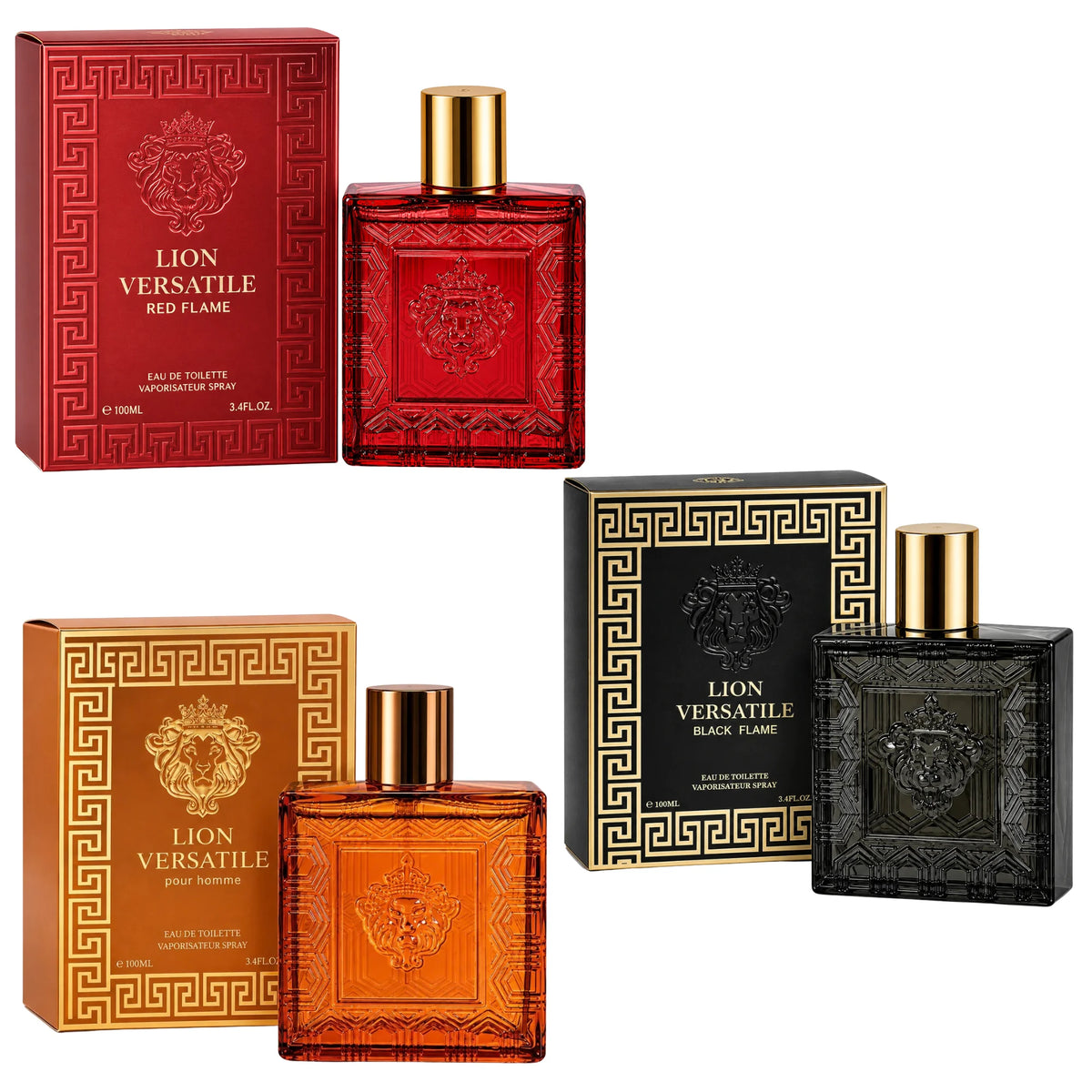 Lion Versatile 3-Pack for Men - Pour Homme, Red Flame & Black Flame, 100ml Each EDT Spray Collection