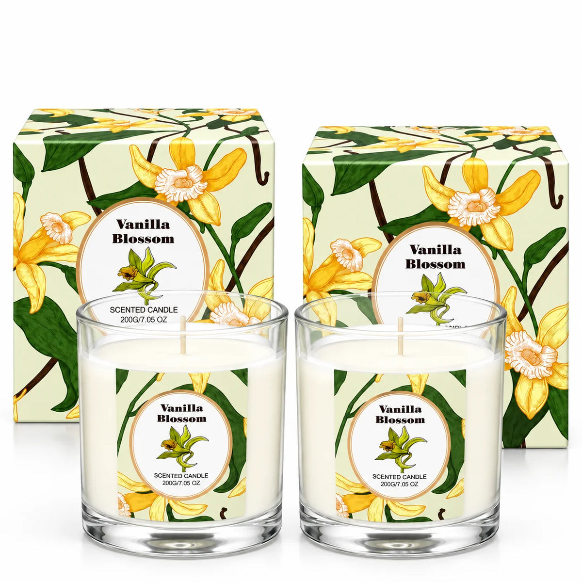 Vanilla Blossom Scented Candle 2 Pack, 7.05 Oz / 200g Each – Vanilla Floral Fragrance Candles for Women & Men, Decorative Glass Jar Candles for Home, Bedroom & Living Room